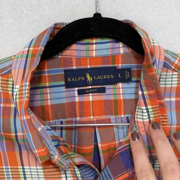 Ralph Lauren Shirt Mens Large Orange Blue Plaid Slim Fit Button Down Long Sleeve - Picture 5 of 9